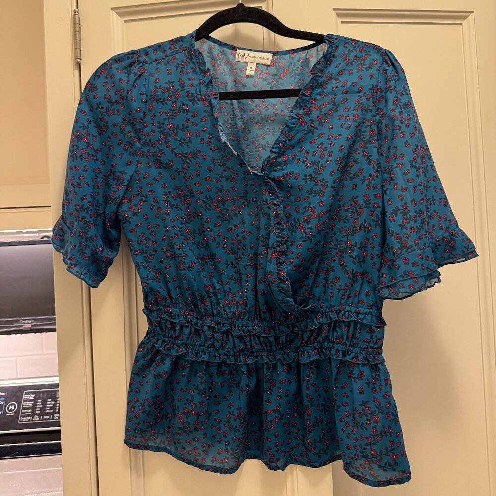 Neiman Marcus Size Small Blue and Red Flowered Peplum Top